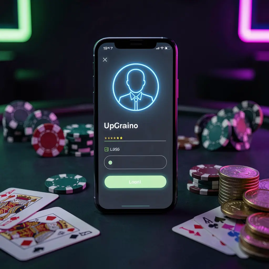 OCEAN JILI casino app login screen on a smartphone with glowing user profile icon, surrounded by poker chips, playing cards, and coins against an elegant dark background with neon highlights