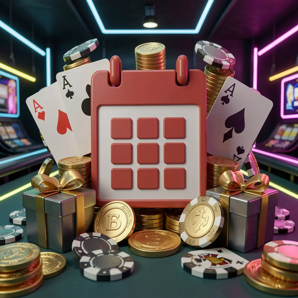 OCEAN JILI weekly online casino bonus concept featuring a calendar icon surrounded by golden coins, gift boxes, poker chips, and playing cards in a festive casino atmosphere with a dark modern background and neon lights