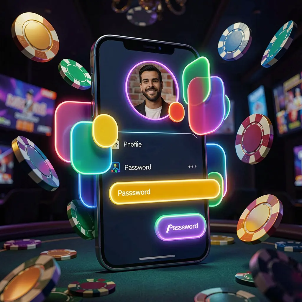 OCEAN JILI mobile casino login screen with neon glowing abstract UI shapes on phone, flying chips and coins in a dark premium casino atmosphere