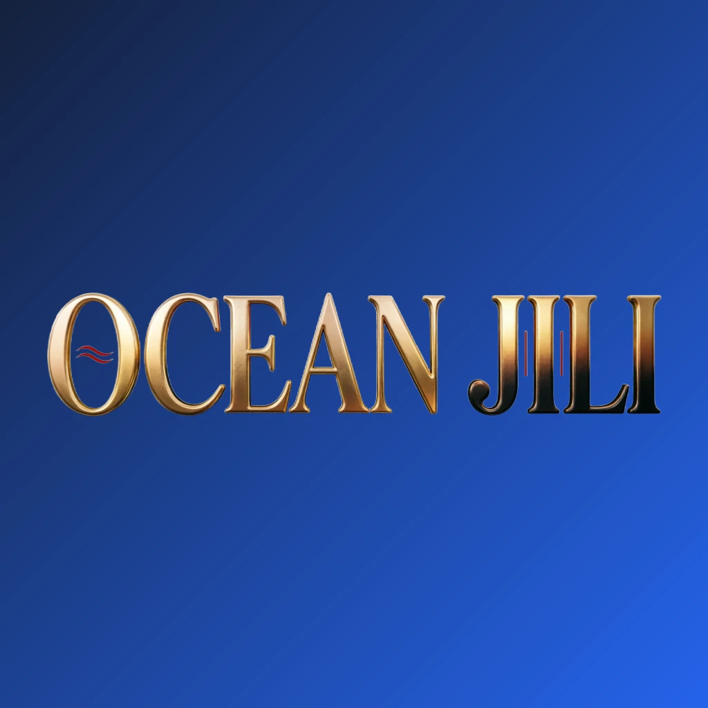 Luxury casino logo for OCEAN JILI featuring rich gold gradient text with red and black accents, elegant lighting effects, designed in a wide horizontal rectangular wordmark style on a transparent background, reflecting high-end entertainment for a website header