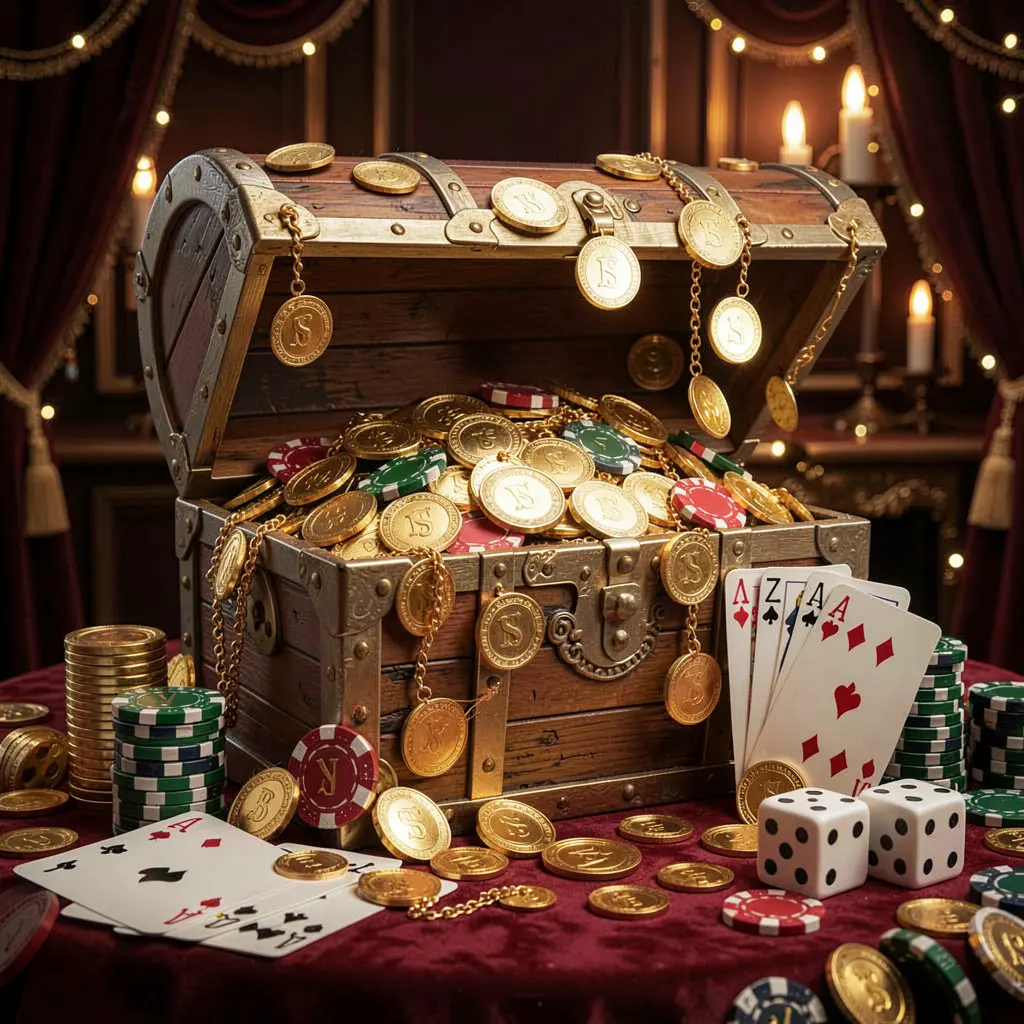 OCEAN JILI online casino welcome banner featuring a treasure chest filled with golden coins and casino chips, playing cards and dice nearby against a dark luxury background with a festive premium atmosphere